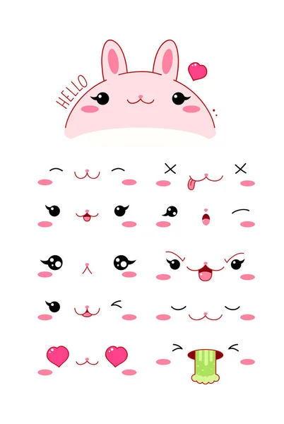 Cute Funny Rabbit Set Various Emotions Kawaii Style Emoticon Icon — Stock Vector