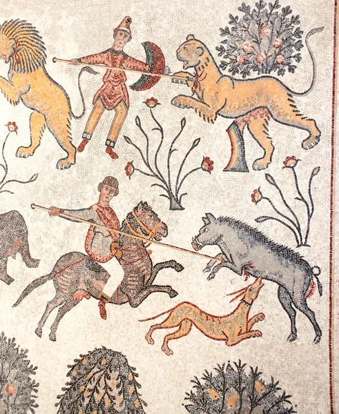Starożytne Bizantyjskie Naturalne Kamienne Mozaiki Wizerunkiem Polowania Dzikie Zwierzęta Góra — Zdjęcie stockowe