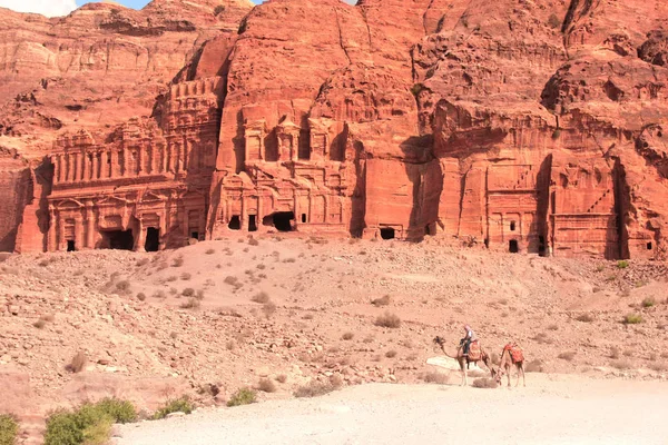 Beduíno Montando Camelo Rua Fachadas Petra Cidade Rosa Vermelha Jordânia — Fotografia de Stock