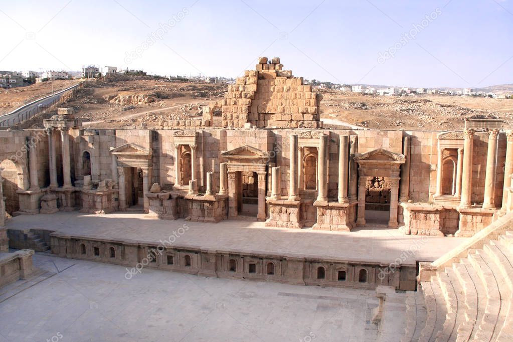 Scene of South Theater in Jerash (Gerasa), ancient roman capital and largest city of Jerash Governorate, Jordan, Middle East. UNESCO world heritage site