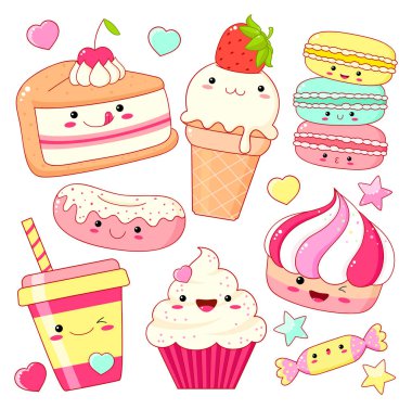 Güler yüz ve tatlı tasarımı için pembe yanakları ile kawaii tarzında tatlı tatlı simgelerin ayarlayın. Yazıt çok şirin ile etiket. Dondurma, şeker, çörek, soda, cupcake, macarons kap. Eps8  