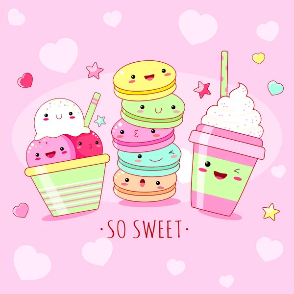 有趣的背景与可爱的甜蜜图标在 Kawaii 风格与笑脸和粉红色的脸颊 如此甜蜜 冰淇淋 帽子和马卡龙 Eps8 — 图库矢量图片