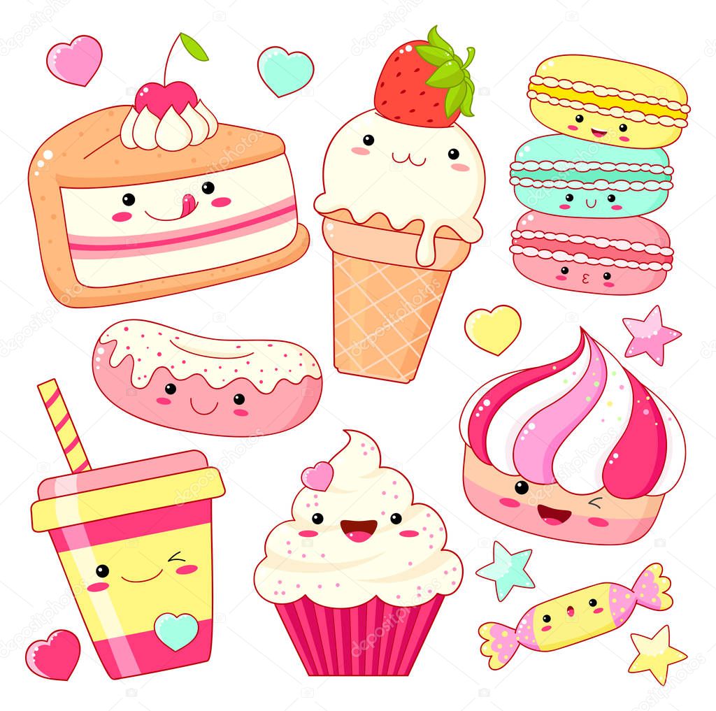 Set of cute sweet icons in kawaii style with smiling face and pink cheeks for sweet design. Sticker with inscription So cute. Ice cream, candy, donut, cap with soda, cupcake, macarons. EPS8  