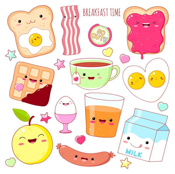 Ensemble d'icônes de la nourriture de petit déjeuner mignon dans le style kawaii — Image vectorielle