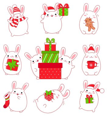 Mutlu Noeller. Sevimli tavşanlar kawaii tarzı kümesi. Komik, mutlu, gülüyor, xmas hediye, bir bardak çay, kurabiye ile Noel Baba şapkası ile çalışan. Eps8