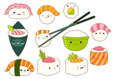 Kawaii tarzı yüz ve pembe yanakları gülümseyen şirin suşi ve rulo simgeler kümesi. Japon geleneksel mutfağı yemekleri. Temaki, yemek çubukları, nigiri, tamago, uramaki, futomaki. Eps8  