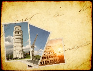 Vintage seyahat Avrupa yerlerinden retro fotoğraflarla arka plan. Eyfel Kulesi Paris, Pisa Kulesi, Kolezyum, Roma. Eski kağıt doku kartpostal ile. Metin için yer kopyalayın
