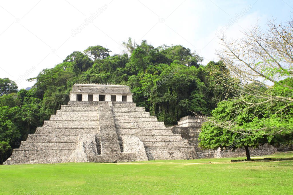 Temple of the Inscriptions - mesoamerican stepped pyramid structure at the pre-Columbian Maya civilization, Palenque, Chiapas, Mexico. UNESCO world heritage site