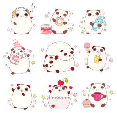 (Uyku, yemek, yürüyüş) farklı durumlarda sevimli pandalar topluluğu kawaii tarzı. Eps8