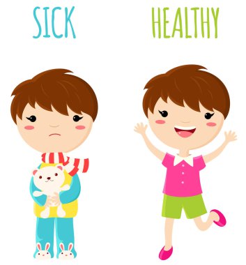 Hasta üzgün küçük çocuk pijama oyuncak ve neşeli sağlıklı atlama çocuk ile. Wordcard kelime hasta ve sağlıklı gösterimi için karşısında. Vektör karikatür karakter kümesi. Eps8