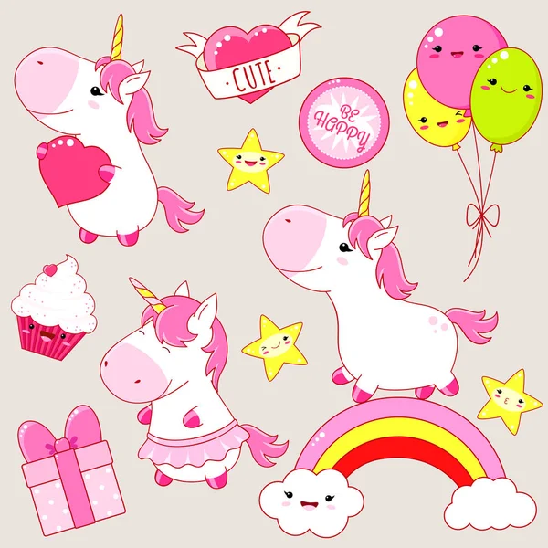 Set Simpatici Unicorni Stile Kawaii Unicorno Arcobaleno Con Cuore Cupcake — Vettoriale Stock