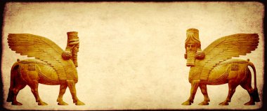 Grunge arka plan kağıt doku ve lamassu - insan başlı kanatlı boğa heykeli, Asur koruyucu Tanrı ile. Metin için yer kopyalayın. Şablonu alay