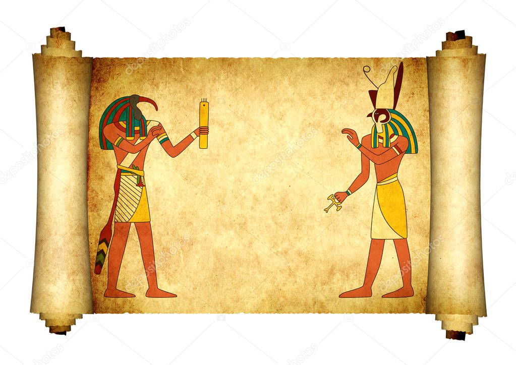 Old parchment with Egyptian gods images Toth and Horus. Mock up template. Copy space for text. Isolated on white background. 3d render