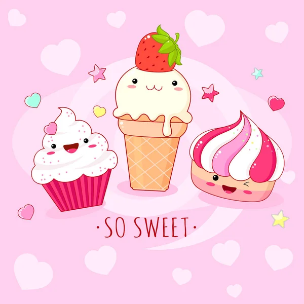 Fondo Divertido Con Lindos Iconos Dulces Estilo Kawaii Con Cara — Archivo Imágenes Vectoriales