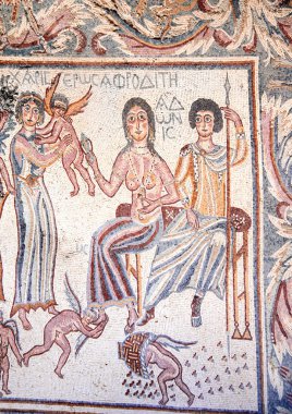 Ancient byzantine natural stone tile mosaics with with the image of the goddess Aphrodite, cupids, women, men and floral ornament, Madaba, Jordan