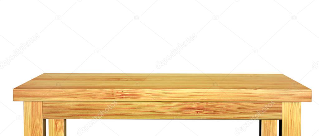 Empty wooden table top with texture of yellow color. Isolated on white background. 3d render
