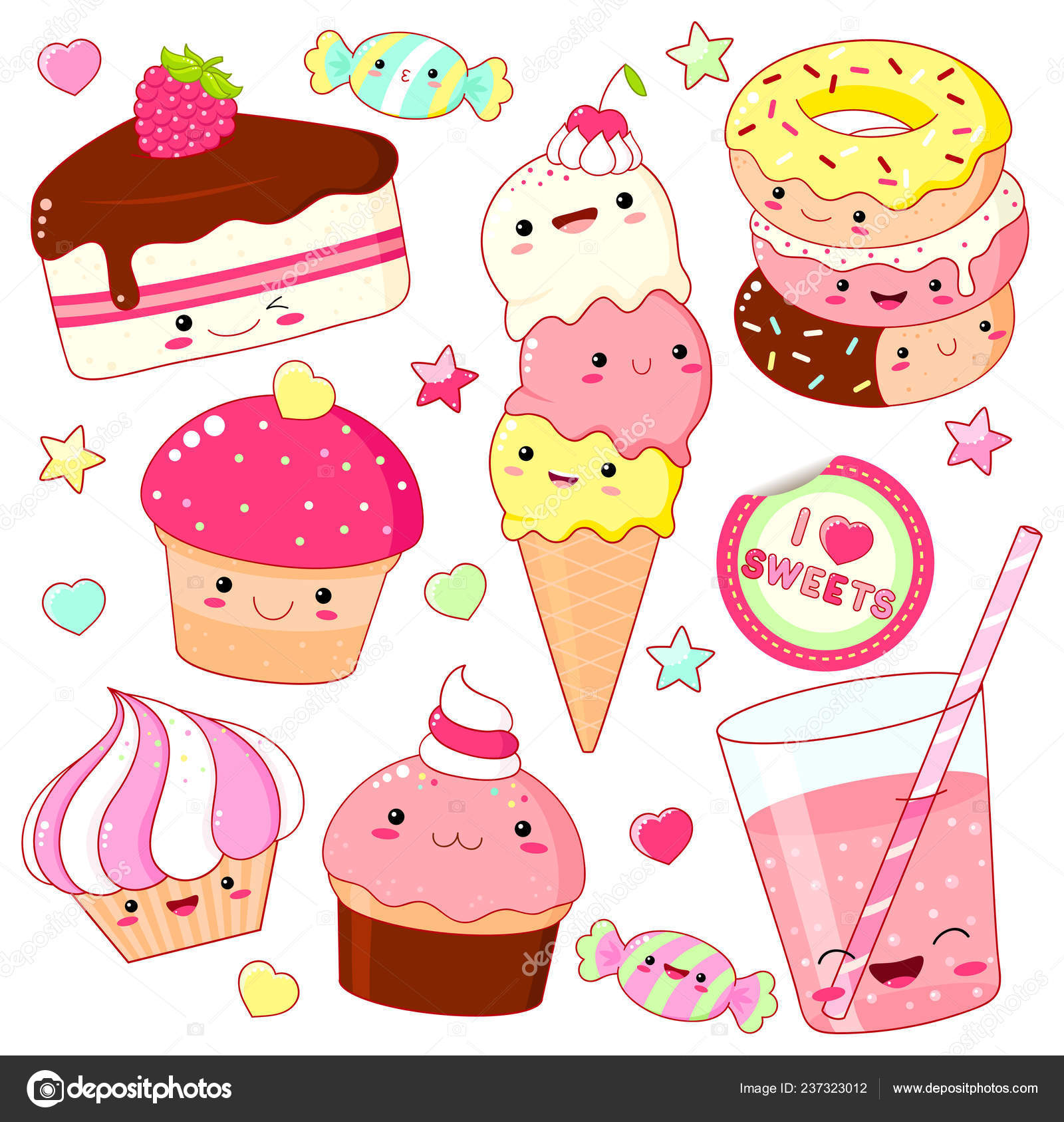 Set of Fun Stickers Desserts Kawaii Bakery Food Stock Vector