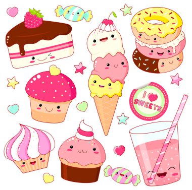 Güler yüz ve tatlı tasarımı için pembe yanakları ile kawaii tarzında tatlı tatlı simgelerin ayarlayın. Yazıt çok şirin ile etiket. Dondurma, şeker, çörek, yanında da soda, kap kek. Eps8  