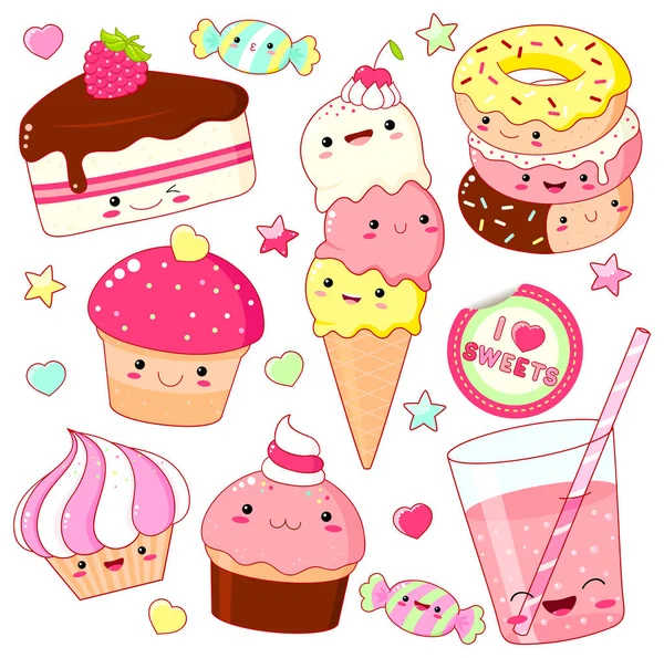 一套可爱的甜蜜的图标在可爱的可爱的风格与笑脸和粉红色的脸颊甜蜜的设计 贴上铭文的贴纸真可爱冰淇淋 甜甜圈 加苏打水的帽子 纸杯蛋糕 Eps8 — 图库矢量图片