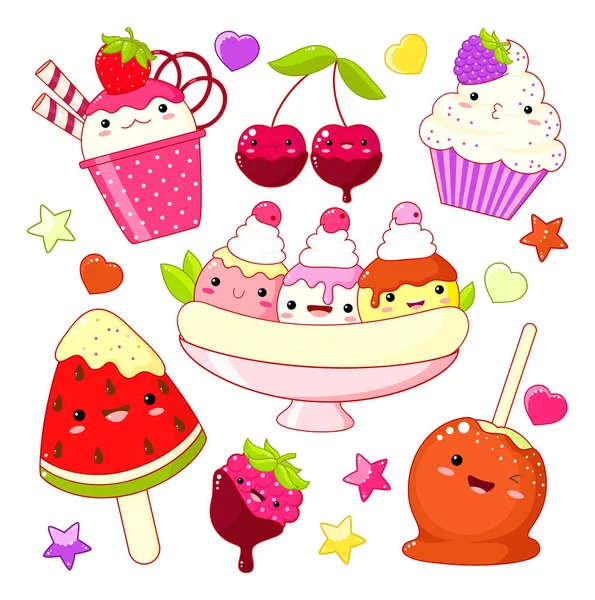一套可爱的甜蜜的图标在可爱的可爱的风格与笑脸和粉红色的脸颊甜蜜的设计 冰淇淋配草莓 圣代孩子 香蕉分 焦糖苹果 纸杯蛋糕 Eps8 — 图库矢量图片