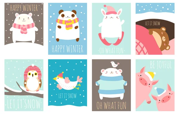 Feliz Inverno Conjunto Cartão Modelo Com Animais Bonitos Cenas Inverno — Vetor de Stock