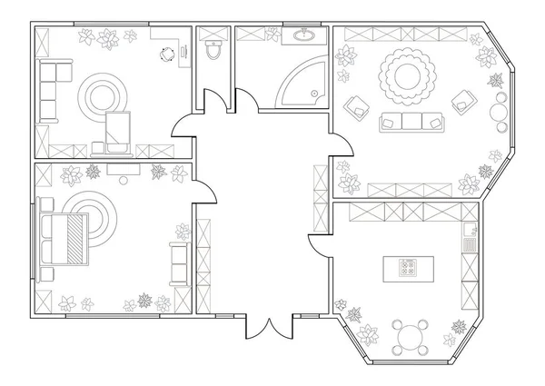 Plano Vectorial Abstracto Apartamento Dos Dormitorios Con Cocina Baño Dormitorio — Vector de stock