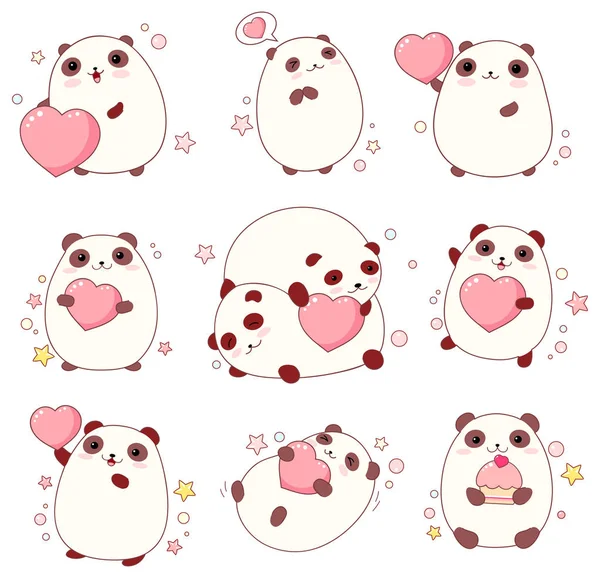 Happy Valentine Day Collection Cute Pandas Pink Hearts Kawaii Style — Stock Vector