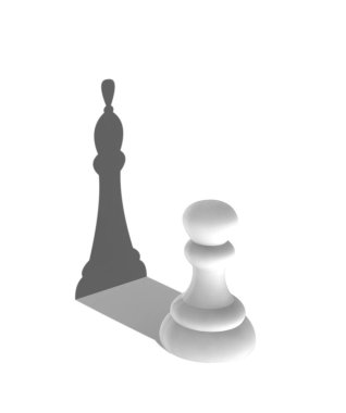 Winner strategy concept. White pawn with king shadow. Isolated on white background. 3d render
