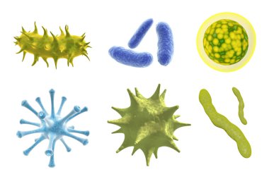 Virüs, mikrop ve bakteri kümesi. Farklı hücre hastalık ve mikroorganizma topluluğu. Beyaz arka plan üzerinde izole. 3D render