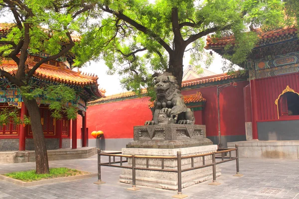 中国北京永和宫 永和寺 喇嘛庙 的古亭子和青铜守护者狮子雕像 — 图库照片