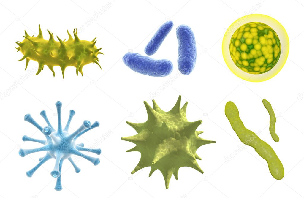 Set of virus, germ and bacteria. Collection of different cell illness and microorganism. Isolated on white background. 3d render