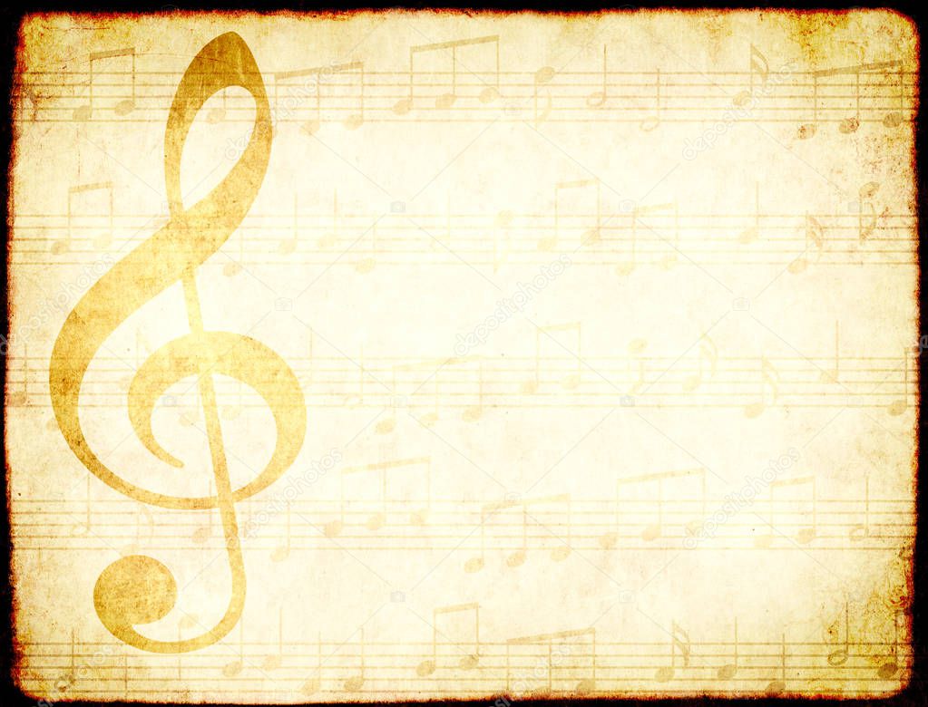 Grunge background with old soiled paper texture, treble clef and abstract note symbols