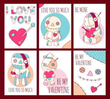 Set of Valentine's day banner, background, flyer, placard with cute voodoo dolls. Holiday poster for scrapbooking. Vector template card for greeting, decoration, congratulation, invitation. EPS8