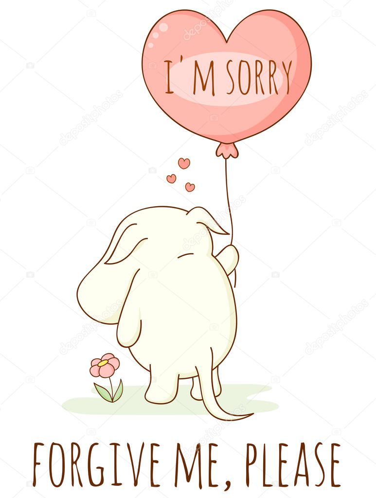 Cute sad cartoon animal with heart shaped balloon. Inscription I'm sorry, Forgive me, please. Isolated on white background. EPS8