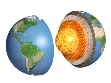 Dünya 'nın yapısı. Beyaz arka planda izole edilmiş bir model. Bu görüntünün elementleri NASA tarafından döşenmiştir. 3d hazırlayıcı