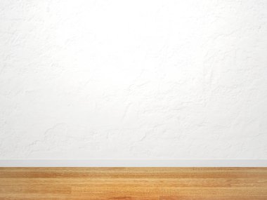 Boş sıva duvar beyaz renk ve yeni parke zemin. Şablonu alay. 3D render