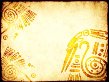 Sarı renkli grunge kağıt desenli arka plan ve balıkçıllı Amerikan geleneksel Hint desenleri. Şablon oluşturun. Metin için alanı kopyala