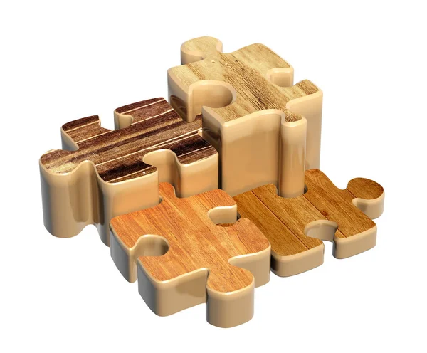 Vier Puzzleteile Mit Holzstrukturen Unterschiedlicher Farbe Werden Miteinander Verbunden Objekte — Stockfoto