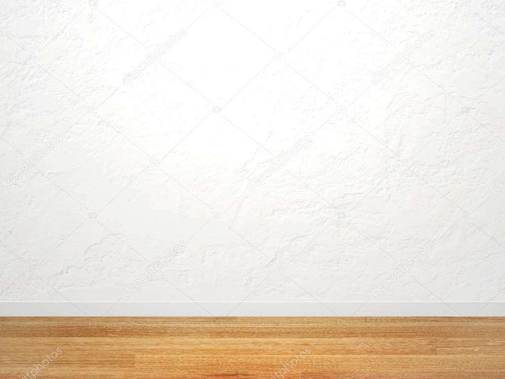 Empty stucco wall of white color and new parquet floor. Mock up template. 3d render