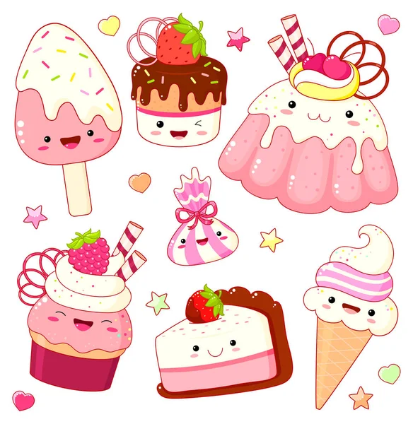 一套可爱的甜蜜的图标在可爱的可爱的风格与笑脸和粉红色的脸颊甜蜜的设计 冰淇淋 纸杯蛋糕 Eps8 — 图库矢量图片