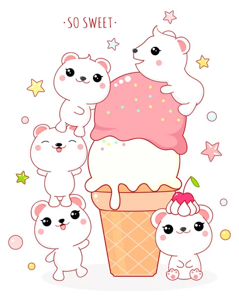 Carino Carta Gustosa Stile Kawaii Bellissimi Orsi Polari Con Gelato — Vettoriale Stock