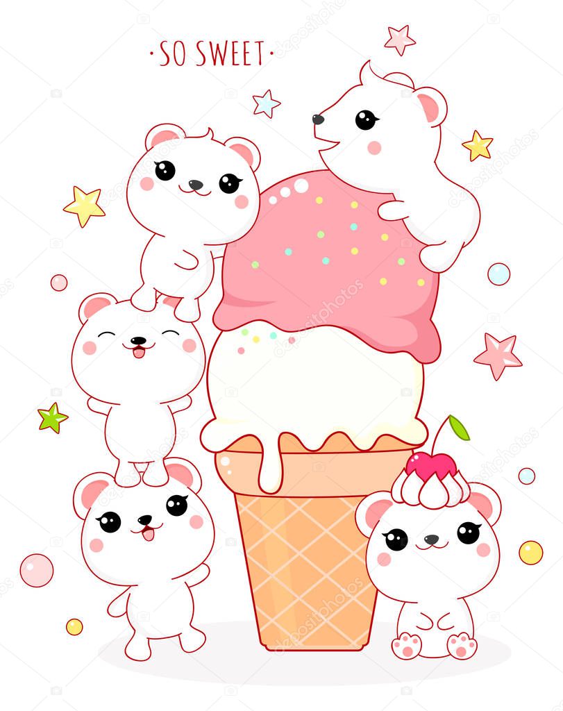 Cute yummy card in kawaii style. Lovely polar bears with ice cream. Inscription So sweet. EPS8