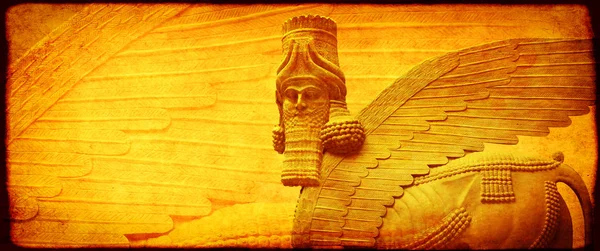 Fondo Grunge Con Textura Papel Lamassu Estatua Toro Alado Cabeza — Foto de Stock