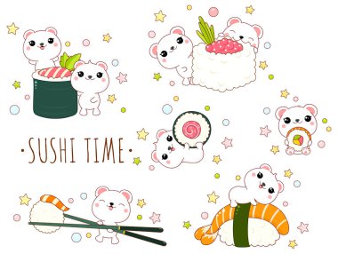 Cute yummy kawaii tarzda ayarlayın. Güzel kutup ayıları ile Japon deniz ürünleri - suşi ve rulo. Yazıt çok tatlı. Eps8