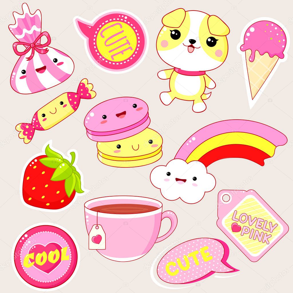 Set of cute icons in kawaii style with smiling face and pink cheeks for sweet design. Sticker with inscription Cute, Lovely pink. EPS8  