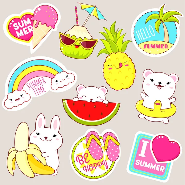 Set of cute summer stickers in kawaii style — Stock Vector