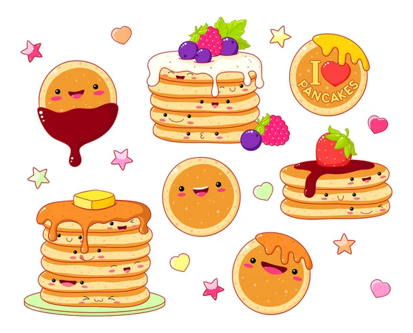 Set lucu pancake ikon dalam gaya kawaii - Stok Vektor