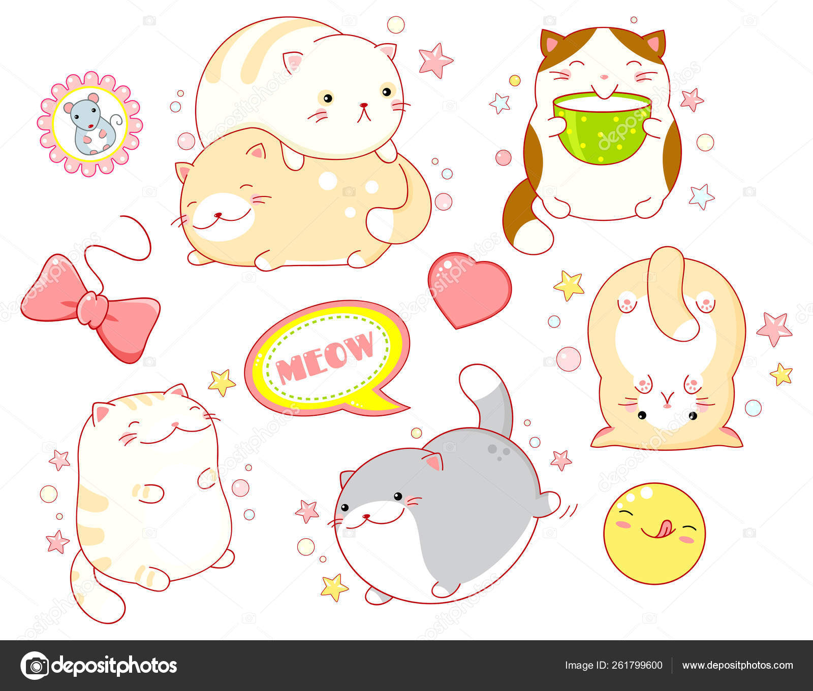 Cute funny cats set various emotions. Kawaii style emoticon icon