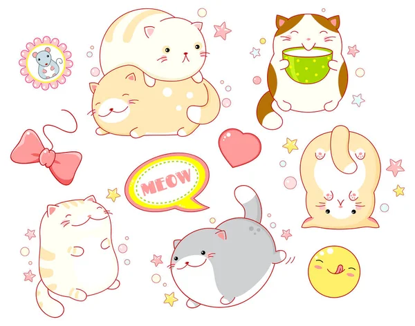 Conjunto de gatos bonitos em estilo kawaii — Vetor de Stock