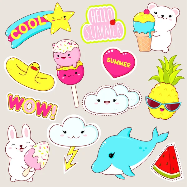 Set lucu stiker musim panas dalam gaya kawaii - Stok Vektor